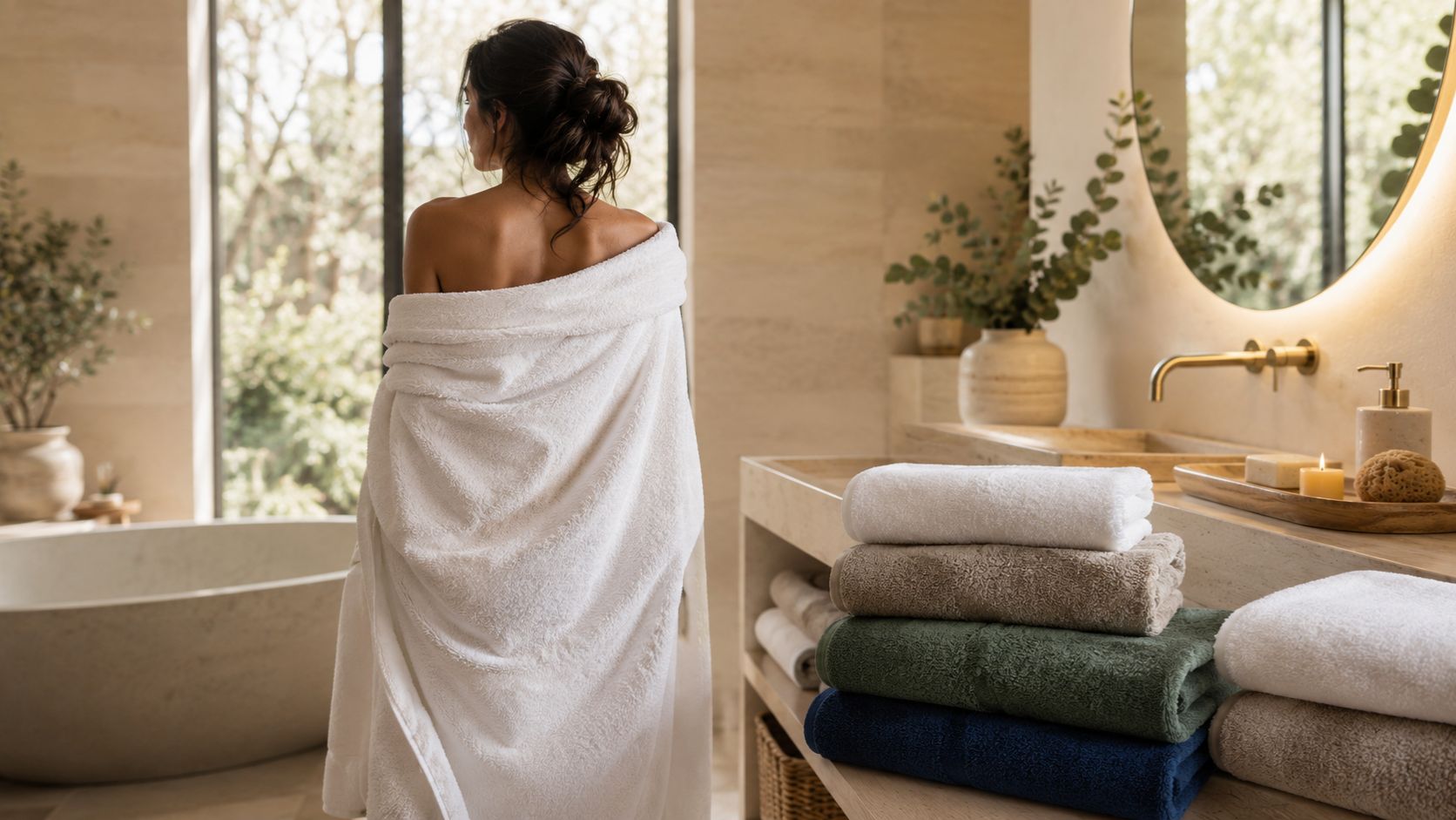 Femme enveloppée dans une serviette de bain FLAMARDA épaisse et moelleuse 