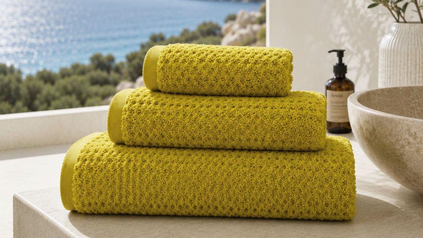 Serviettes de bain prestige dune ocre dorée dans une salle de bain luxueuse vue mer et dune