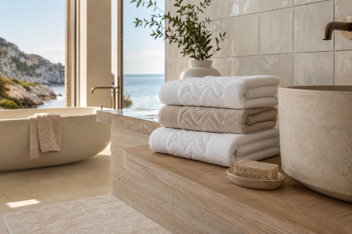 Salle de bain esprit hôtel en bord de mer avec serviettes de bain haut de gamme blanches et sable, tapis de bain et savon artisanal FLAMARDA