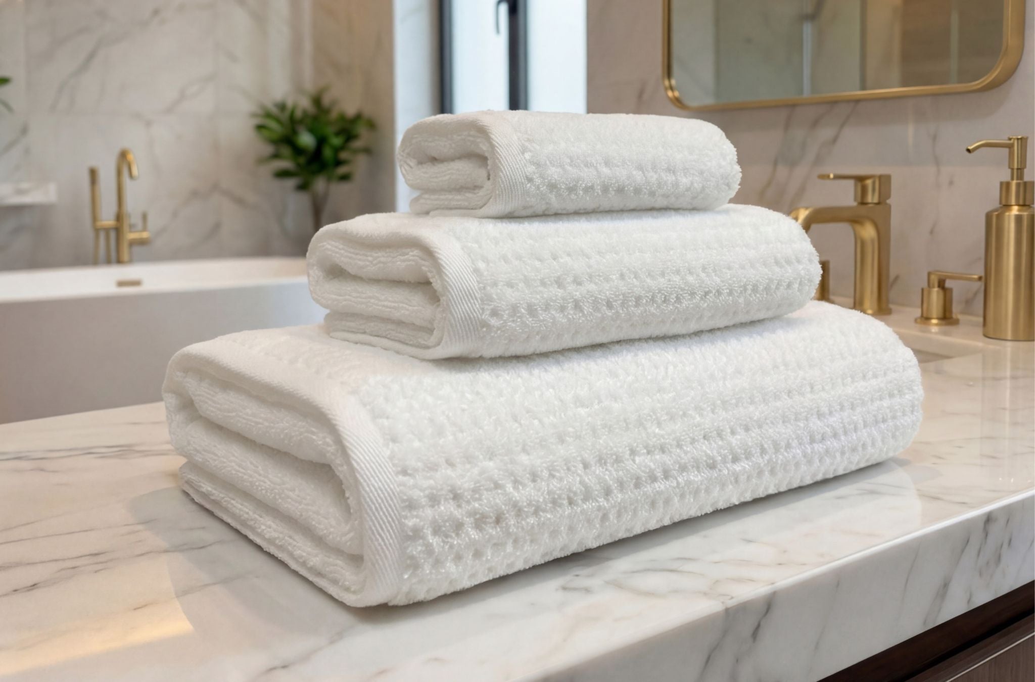 Serviettes de bain moelleuses 600 g/m² dans une salle de bain luxueuse — FLAMARDA