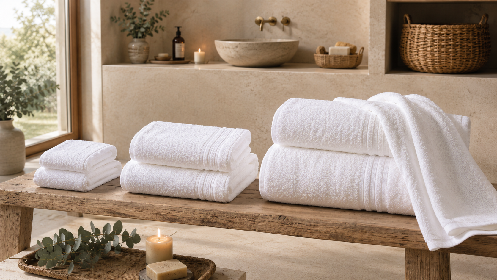 Serviettes de bain blanches de différentes tailles dans une salle de bain élégante FLAMARDA