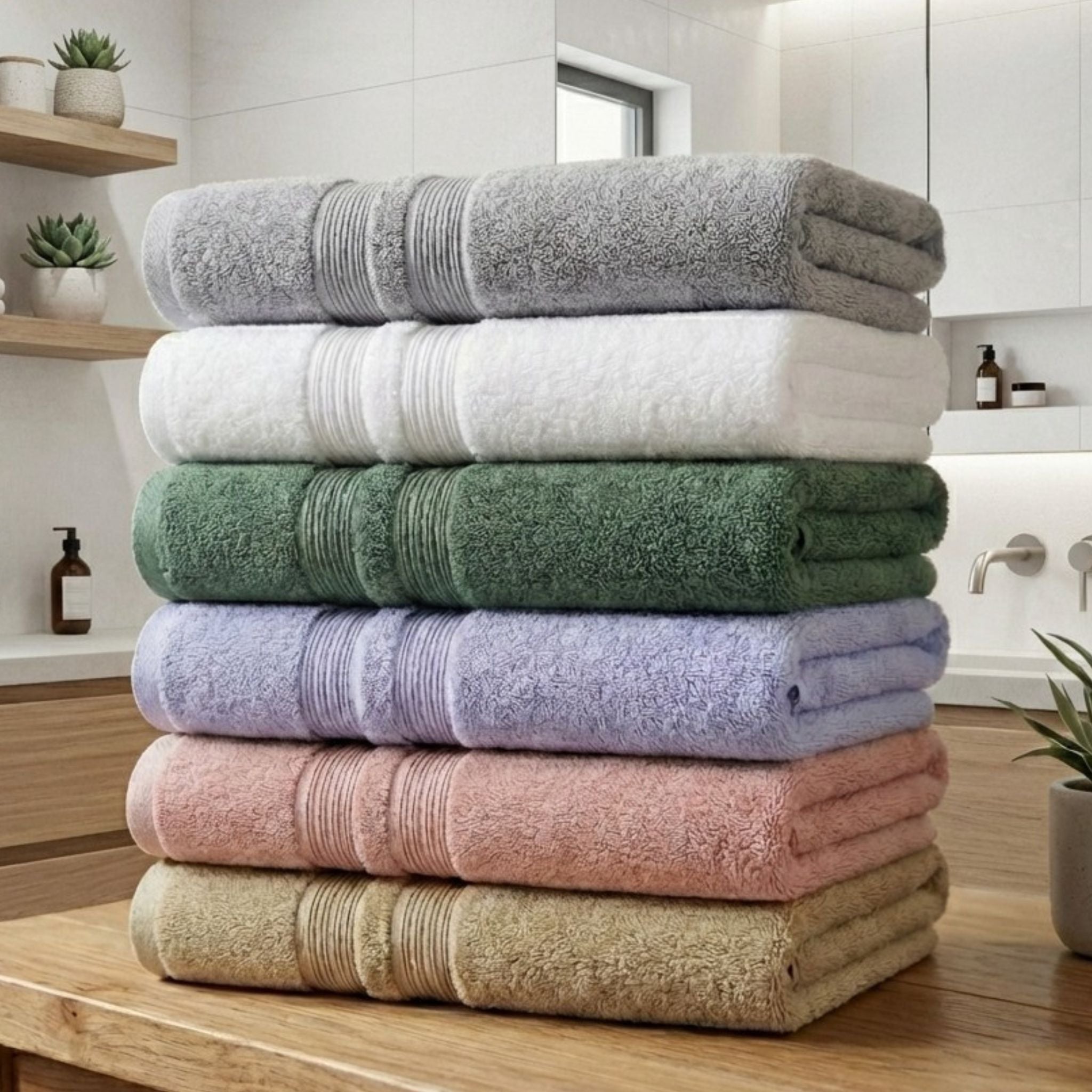 Serviettes de bain FLAMARDA Collection Sérénité Lagune empilées par couleur, linge de bain haut de gamme au design épuré et apaisant Image