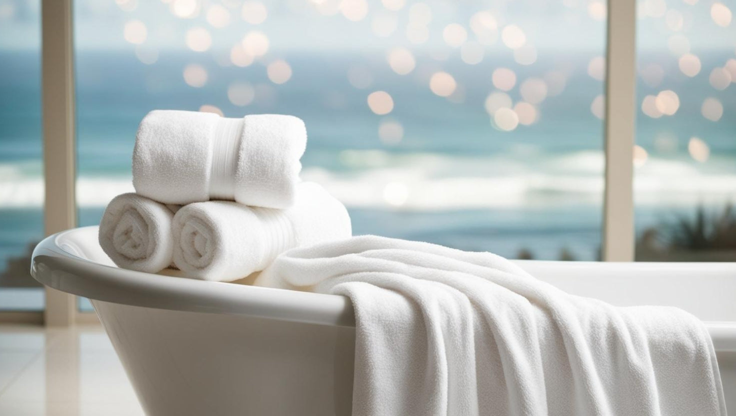 Draps de bain haut de gamme FLAMARDA pliés sur une baignoire design, avec vue océanique et lumière douce en arrière-plan