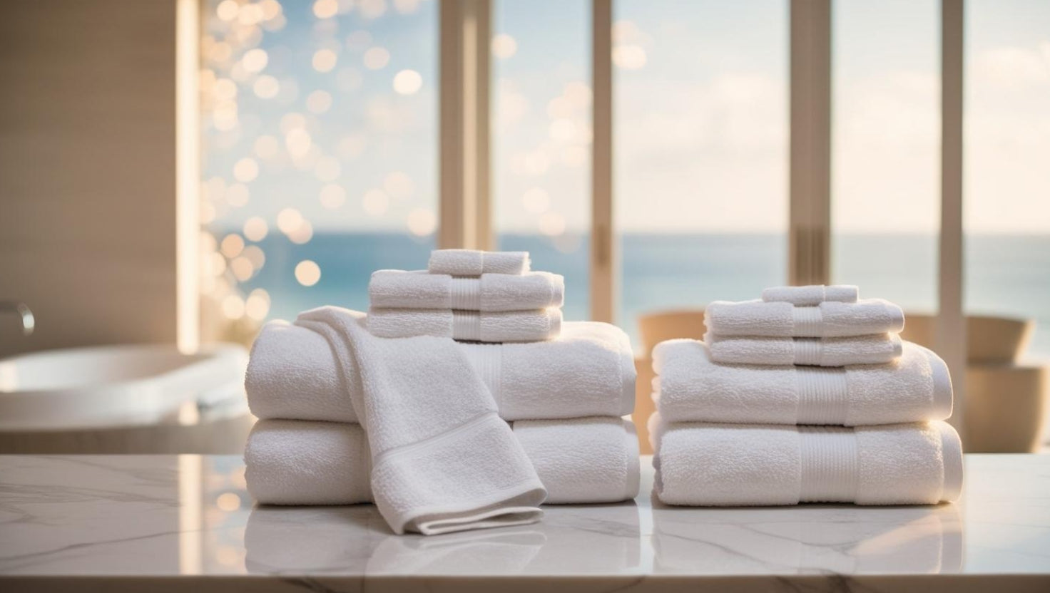 Sets de bain FLAMARDA composés de serviettes, draps et tapis de bain haut de gamme, présentés dans une salle de bain lumineuse avec vue sur l’océan