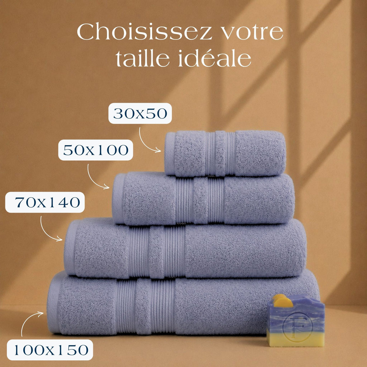Guide des tailles Collection Sérénité Lagune Bleu Lagon FLAMARDA avec serviettes 30x50cm, 50x100cm, 70x140cm et 100x150cm