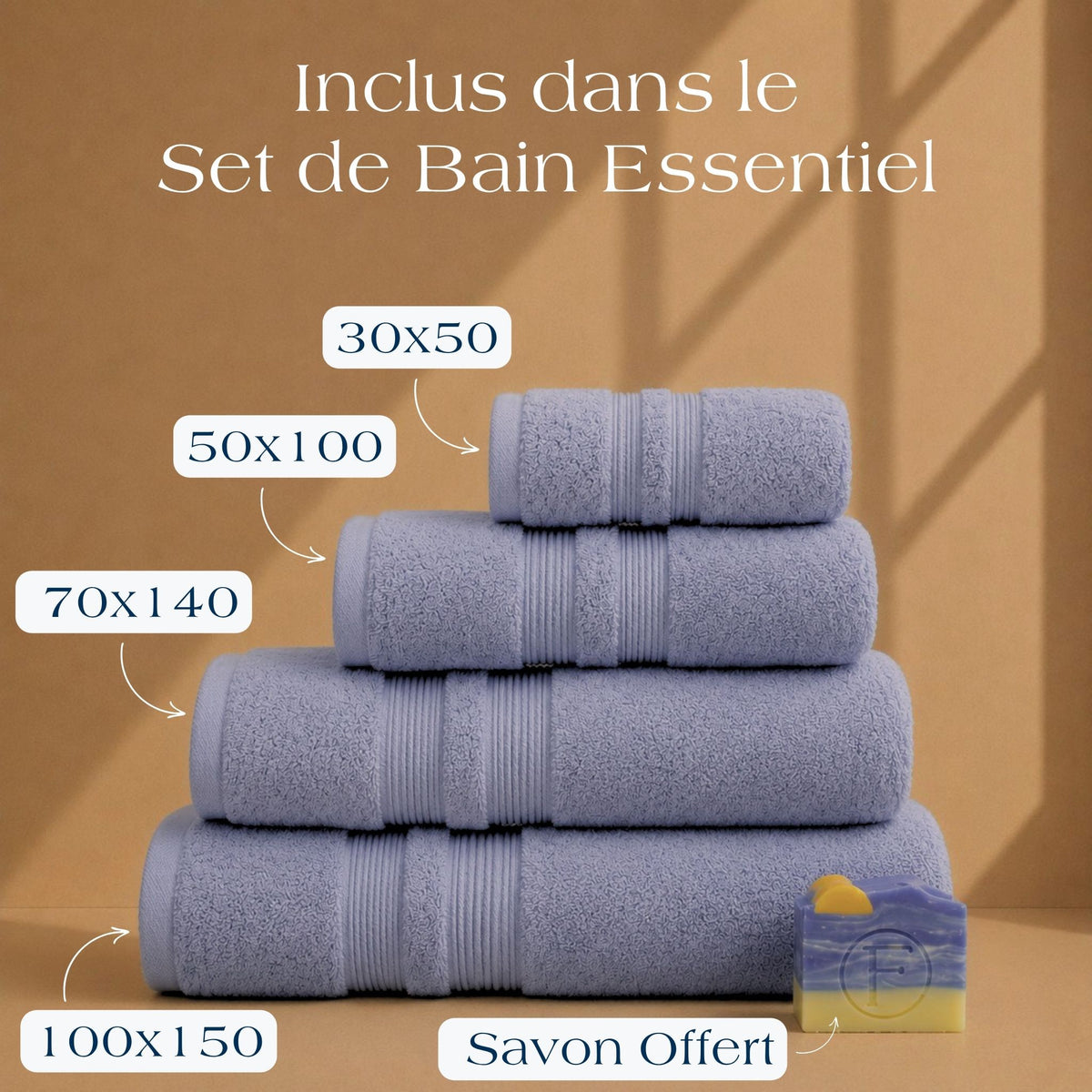 Contenu du Set de Bain Essentiel FLAMARDA Sérénité Lagune Bleu Lagon avec drap de bain 100x150cm, serviette 70x140cm, serviette 50x100cm et savon artisanal Océan