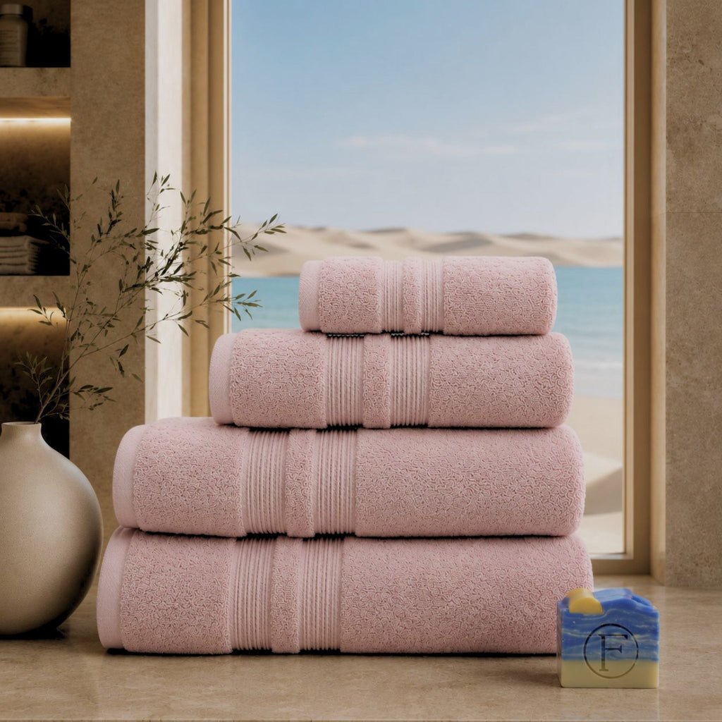 Set de Bain Essentiel FLAMARDA Sérénité Lagune Rose Blush avec drap de bain 100x150cm, serviette 70x140cm, serviette 50x100cm et savon artisanal Océan