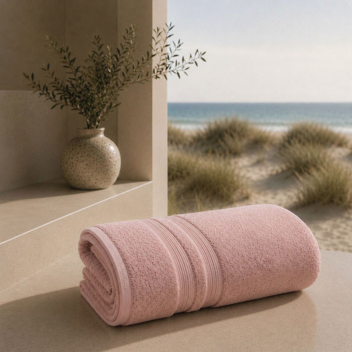 Drap de bain Rose Blush Collection Sérénité Lagune FLAMARDA en coton peigné 650 g/m² confectionné au Portugal