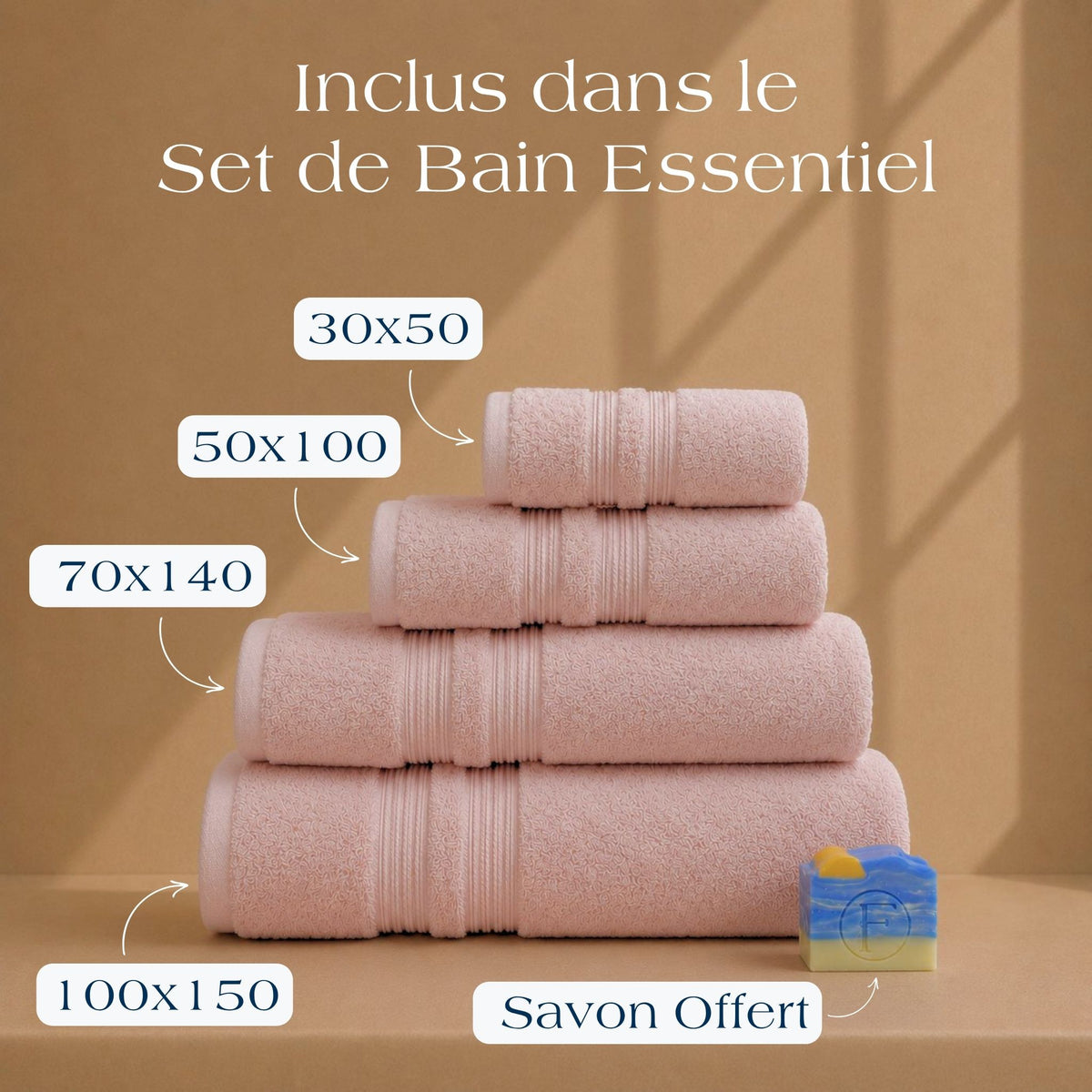 Contenu du Set de Bain Essentiel FLAMARDA Sérénité Lagune Rose Blush avec drap de bain 100x150cm, serviette 70x140cm, serviette 50x100cm et savon artisanal Océan