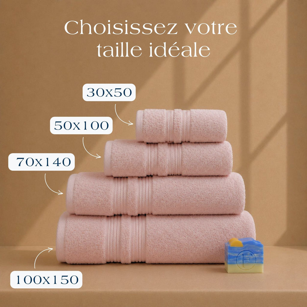 Guide des tailles Collection Sérénité Lagune Rose Blush FLAMARDA avec serviettes 30x50cm, 50x100cm, 70x140cm et 100x150cm
