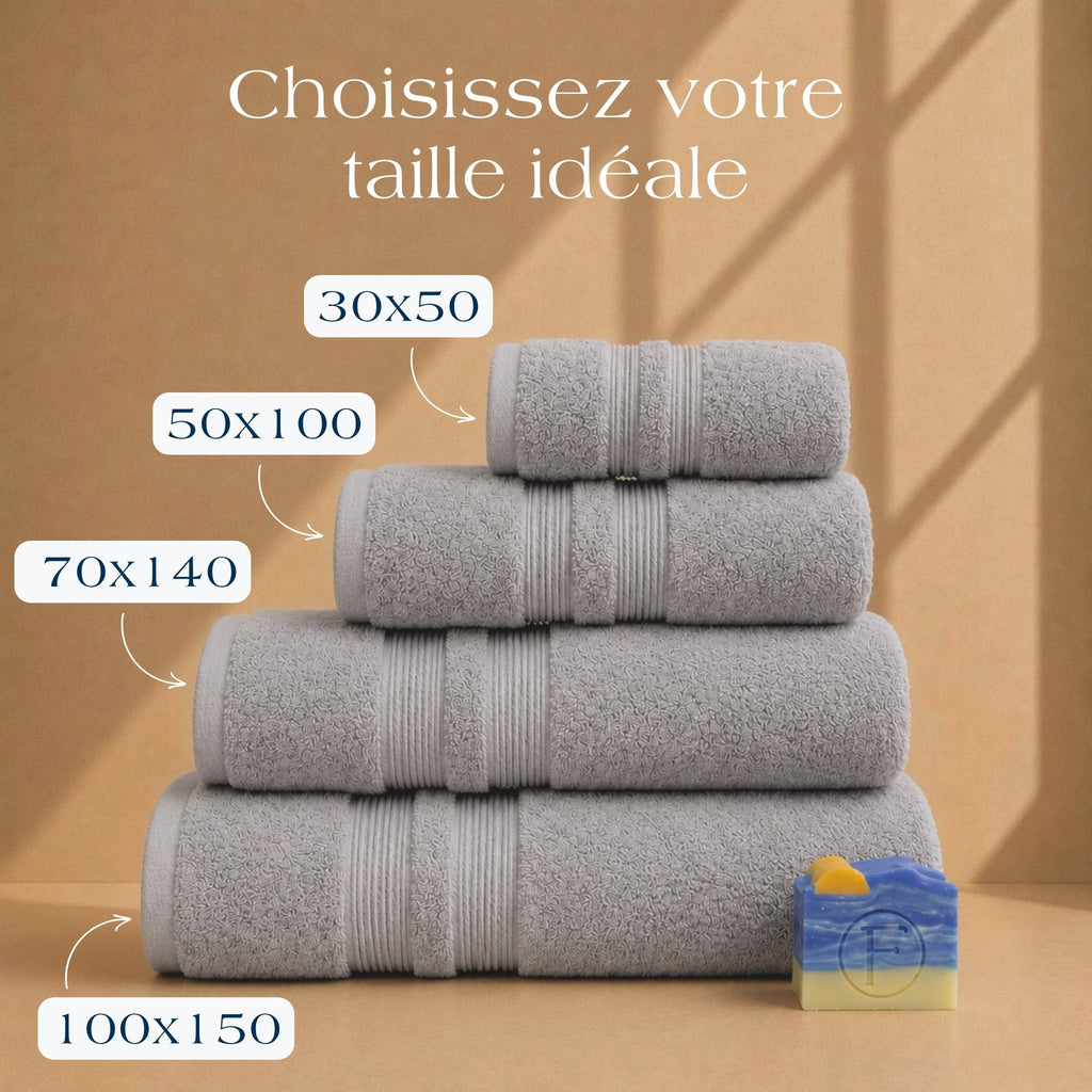 Guide des tailles Collection Sérénité Lagune Gris Orage FLAMARDA avec serviettes 30x50cm, 50x100cm, 70x140cm et 100x150cm
