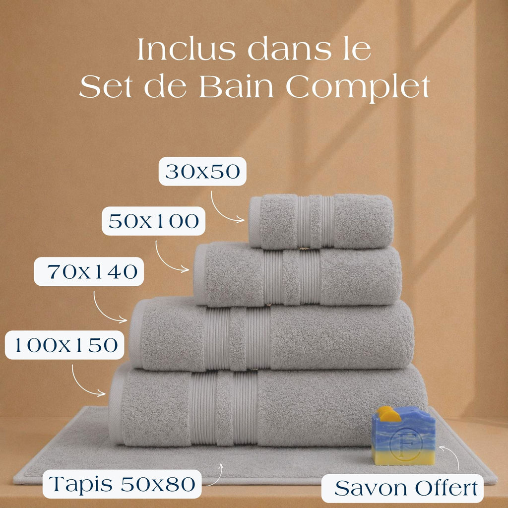 Contenu du Set de Bain Complet FLAMARDA Sérénité Lagune Gris Orage avec tapis de bain 50x80cm, serviettes 100x150cm, 70x140cm, 50x100cm, 30x50cm et savon artisanal Océan