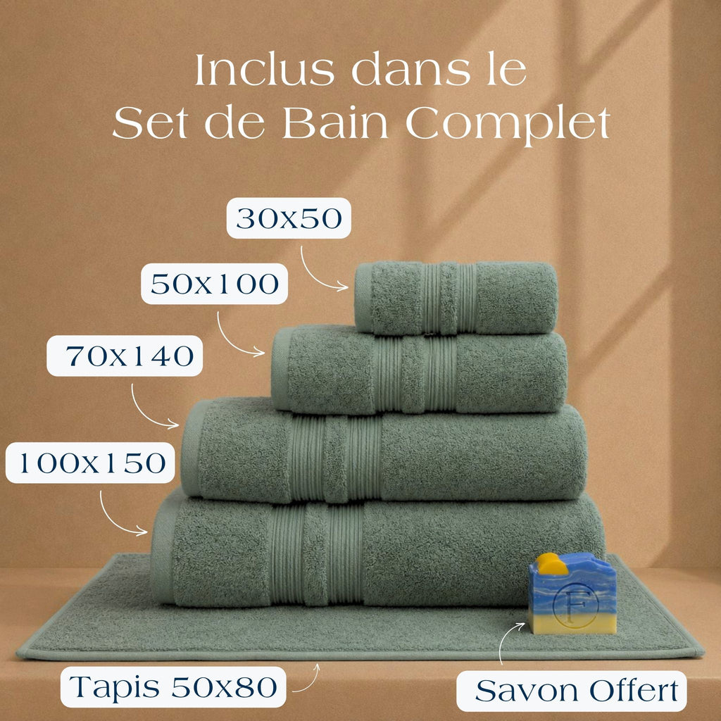 Contenu du Set de Bain Complet FLAMARDA Sérénité Lagune Vert Tropique avec tapis de bain 50x80cm, serviettes 100x150cm, 70x140cm, 50x100cm, 30x50cm et savon artisanal Océan
