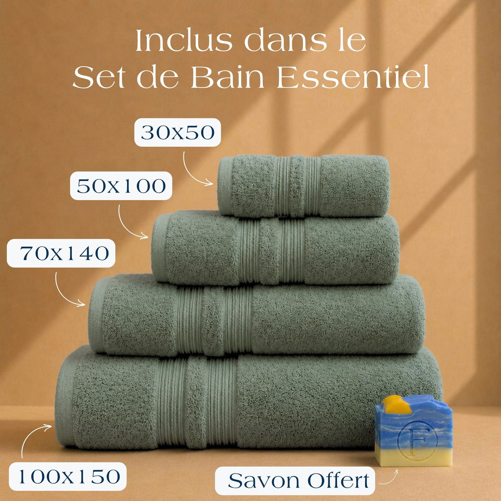 Contenu du Set de Bain Essentiel FLAMARDA Sérénité Lagune Vert Tropique avec drap de bain 100x150cm, serviette 70x140cm, serviette 50x100cm et savon artisanal Océan