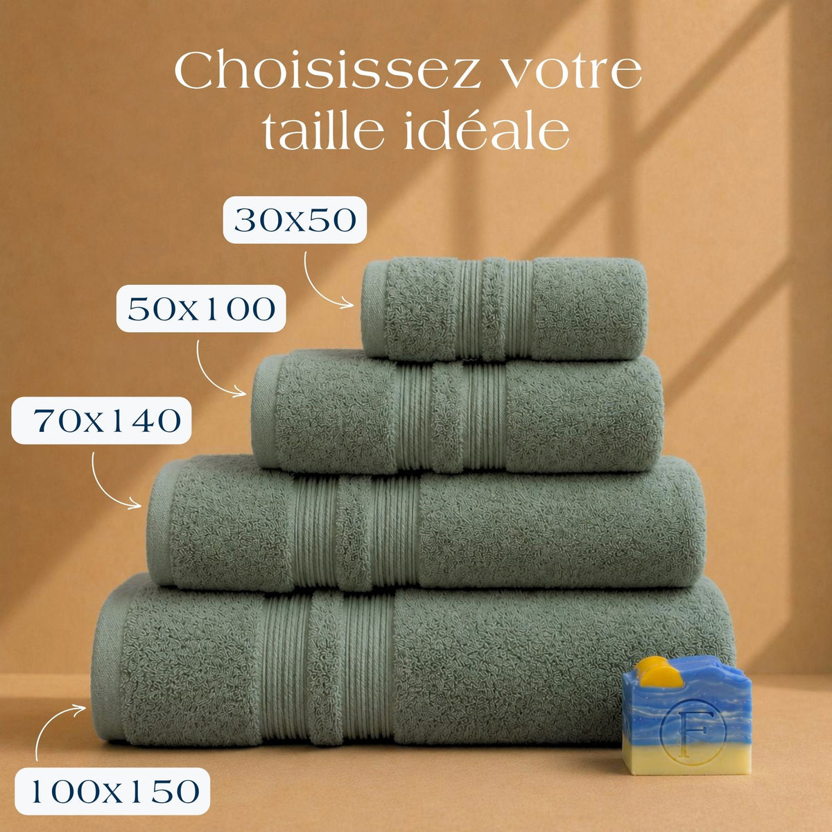Guide des tailles Collection Sérénité Lagune Vert Tropique FLAMARDA avec serviettes 30x50cm, 50x100cm, 70x140cm et 100x150cm