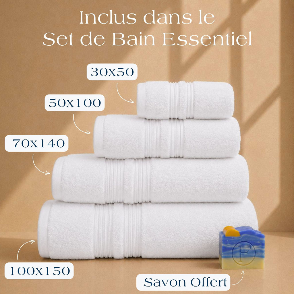 Contenu du Set de Bain Essentiel FLAMARDA Sérénité Lagune Blanc Perlé avec drap de bain 100x150cm, serviette 70x140cm, serviette 50x100cm et savon artisanal Océan