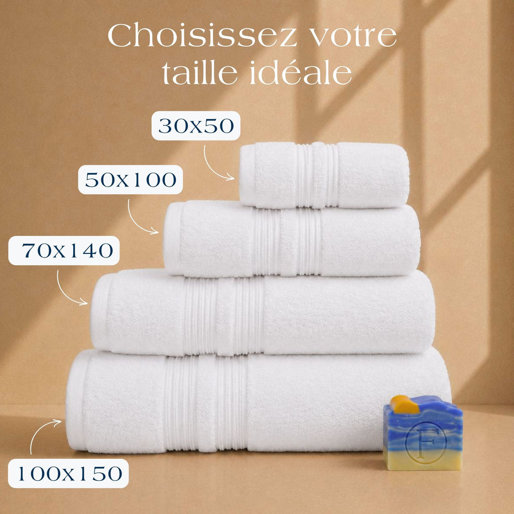 Guide des tailles Collection Sérénité Lagune Blanc Perlé FLAMARDA avec serviettes 30x50cm, 50x100cm, 70x140cm et 100x150cm