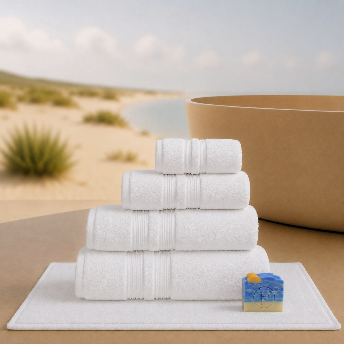 Set de Bain Complet FLAMARDA Sérénité Lagune Blanc Perlé avec tapis de bain 50x80cm, serviettes 100x150cm, 70x140cm, 50x100cm, 30x50cm et savon artisanal Océan