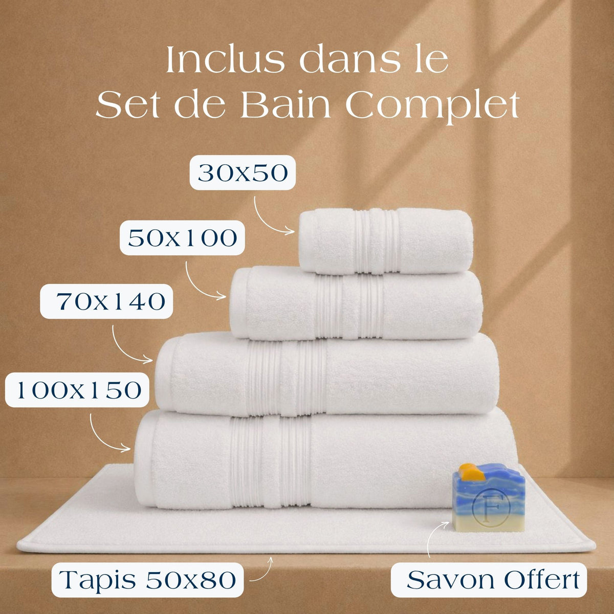 Contenu du Set de Bain Complet FLAMARDA Sérénité Lagune Blanc Perlé avec tapis de bain 50x80cm, serviettes 100x150cm, 70x140cm, 50x100cm, 30x50cm et savon artisanal Océan