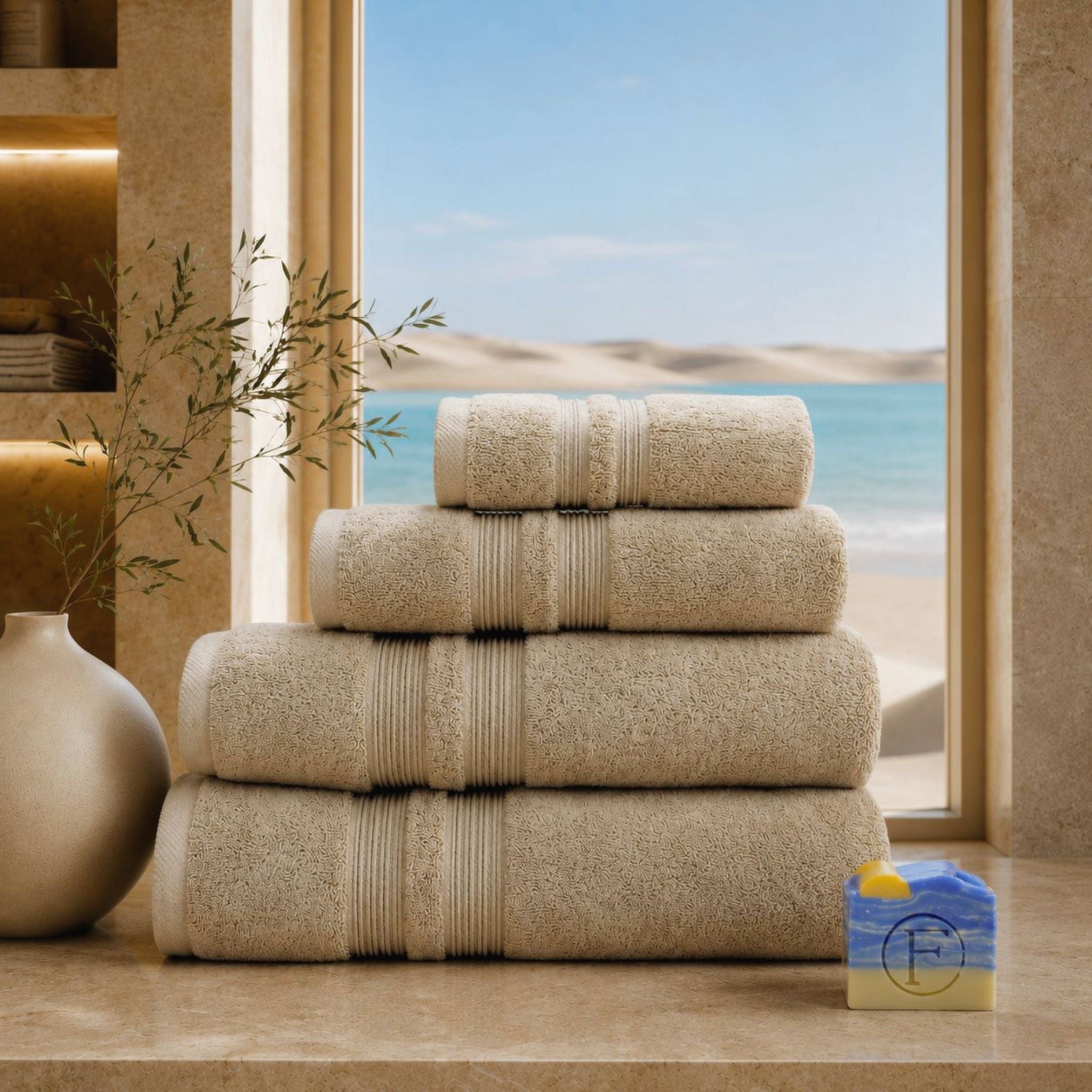 Set de Bain Essentiel FLAMARDA Sérénité Lagune Sable Doré avec drap de bain 100x150cm, serviette 70x140cm, serviette 50x100cm et savon artisanal Océan Image