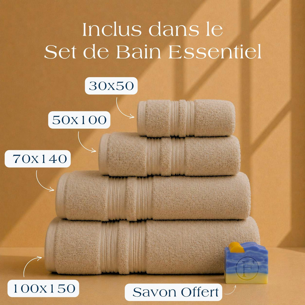 Contenu du Set de Bain Essentiel FLAMARDA Sérénité Lagune Sable Doré avec drap de bain 100x150cm, serviette 70x140cm, serviette 50x100cm et savon artisanal Océan