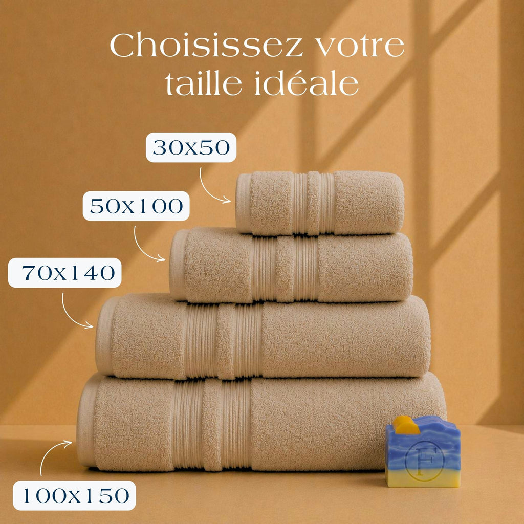Guide des tailles Collection Sérénité Lagune Sable Doré FLAMARDA avec serviettes 30x50cm, 50x100cm, 70x140cm et 100x150cm
