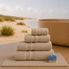 Set de Bain Complet FLAMARDA Sérénité Lagune Sable Doré avec tapis de bain 50x80cm, serviettes 100x150cm, 70x140cm, 50x100cm, 30x50cm et savon artisanal Océan