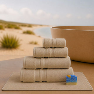 Set de Bain Complet FLAMARDA Sérénité Lagune Sable Doré avec tapis de bain 50x80cm, serviettes 100x150cm, 70x140cm, 50x100cm, 30x50cm et savon artisanal Océan