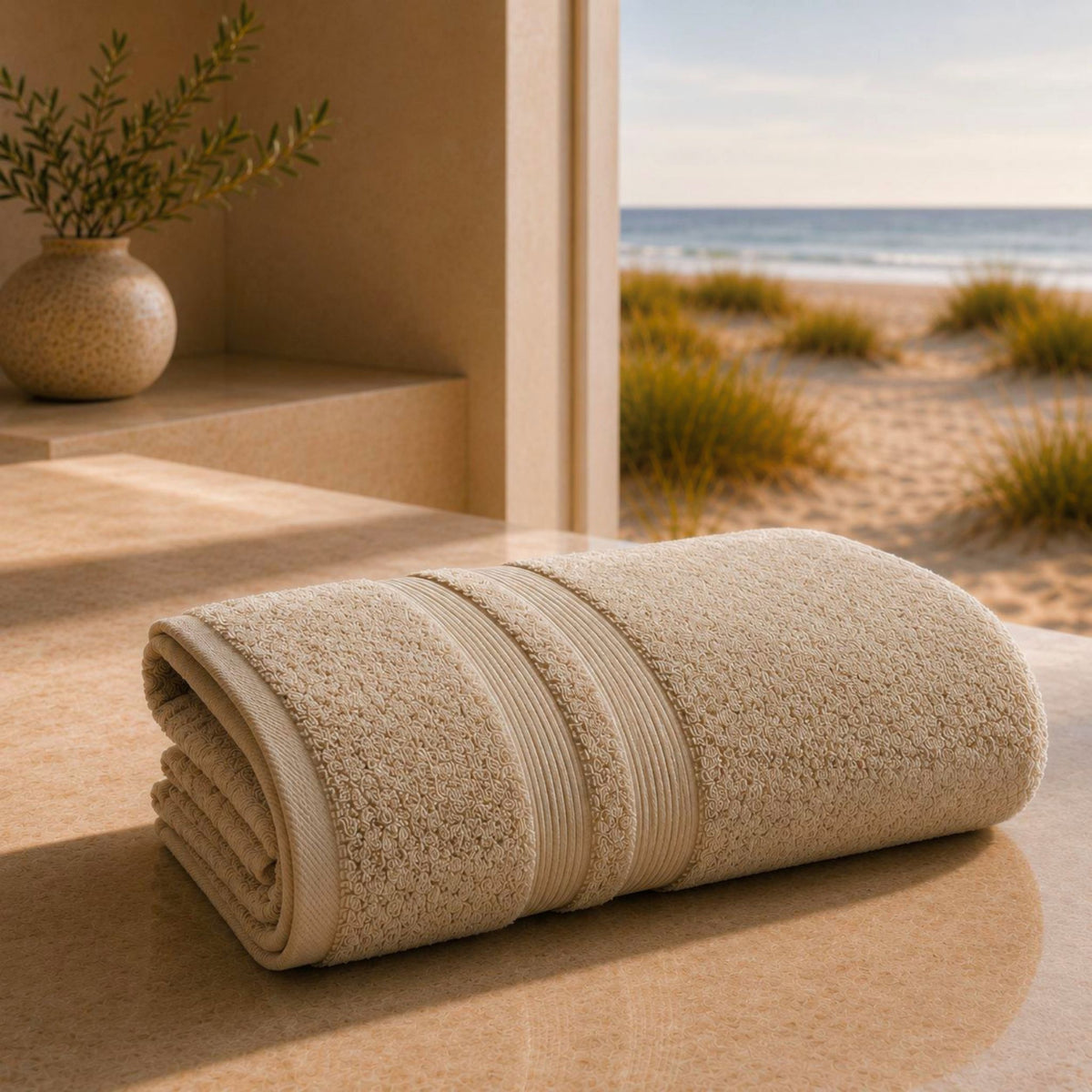 Drap de bain Sable Doré Collection Sérénité Lagune FLAMARDA en coton peigné 650 g/m² confectionné au Portugal