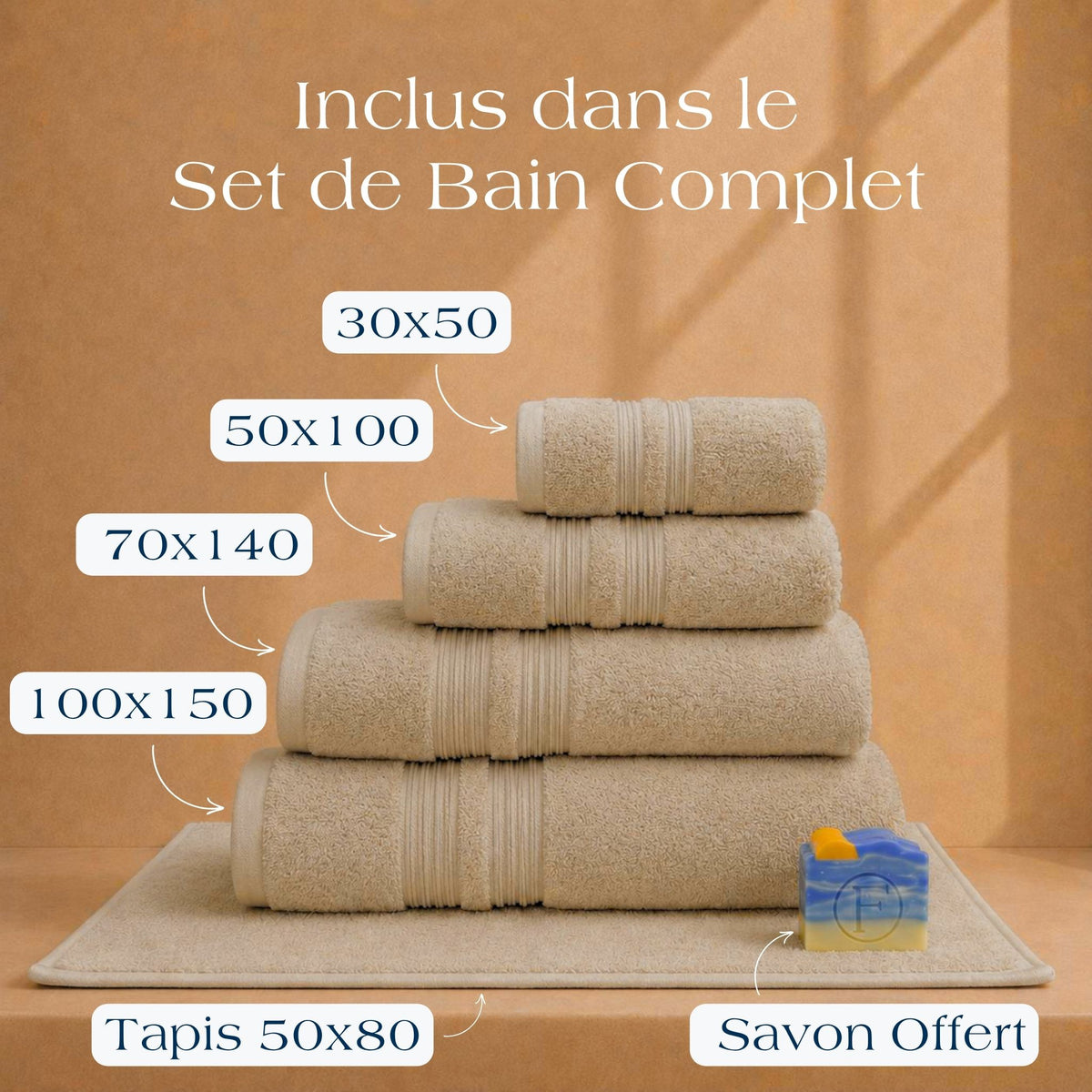 Contenu du Set de Bain Complet FLAMARDA Sérénité Lagune Sable Doré avec tapis de bain 50x80cm, serviettes 100x150cm, 70x140cm, 50x100cm, 30x50cm et savon artisanal Océan
