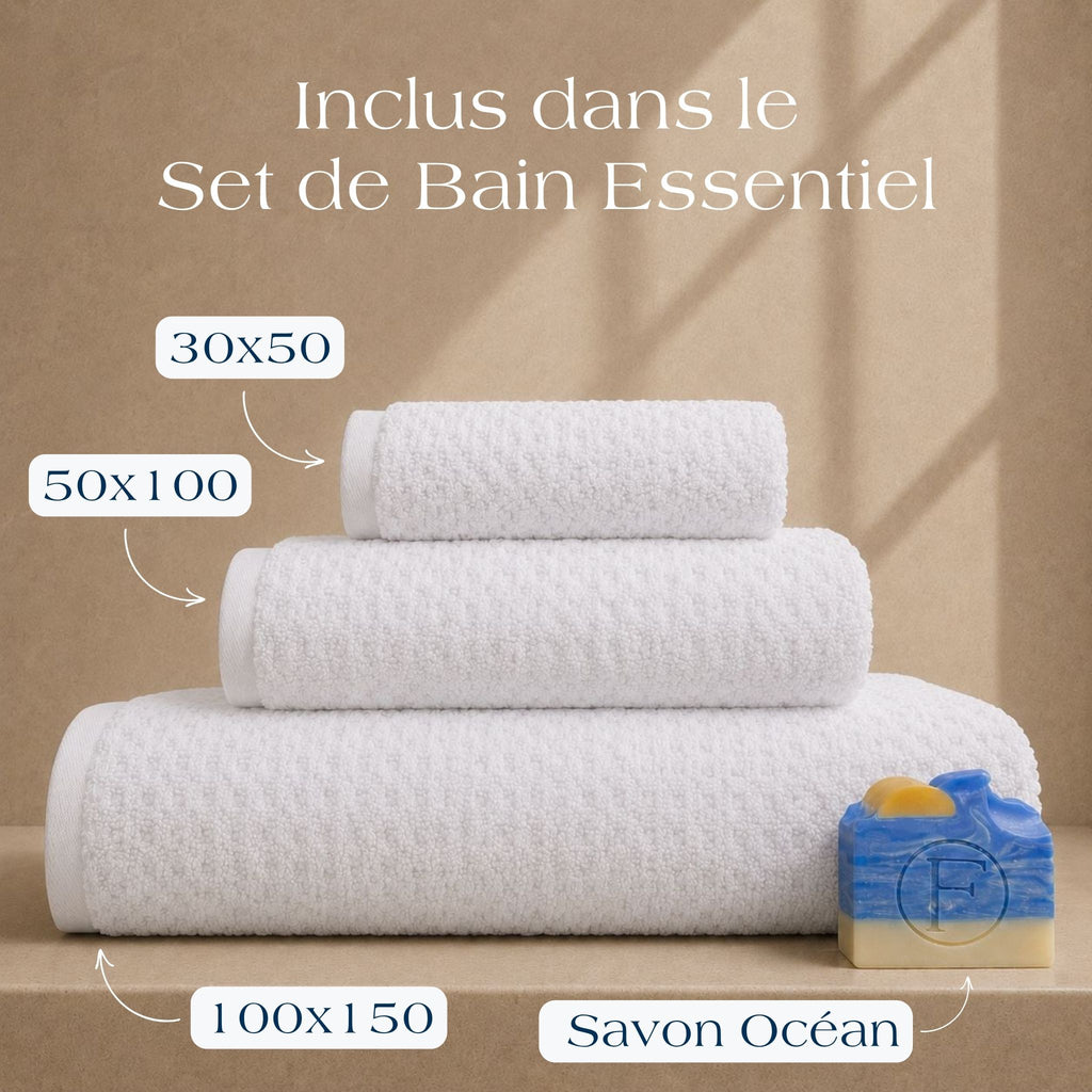 Set de Bain Essentiel Prestige Dune Blanc Nacre avec drap de bain 100x150cm, serviette de toilette 50x100cm, serviette invité 30x50cm et Savon Artisanal Océan FLAMARDA