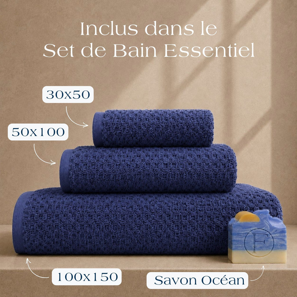 Set de Bain Essentiel Prestige Dune Bleu Profond avec drap de bain 100x150cm, serviette de toilette 50x100cm, serviette invité 30x50cm et Savon Artisanal Océan FLAMARDA