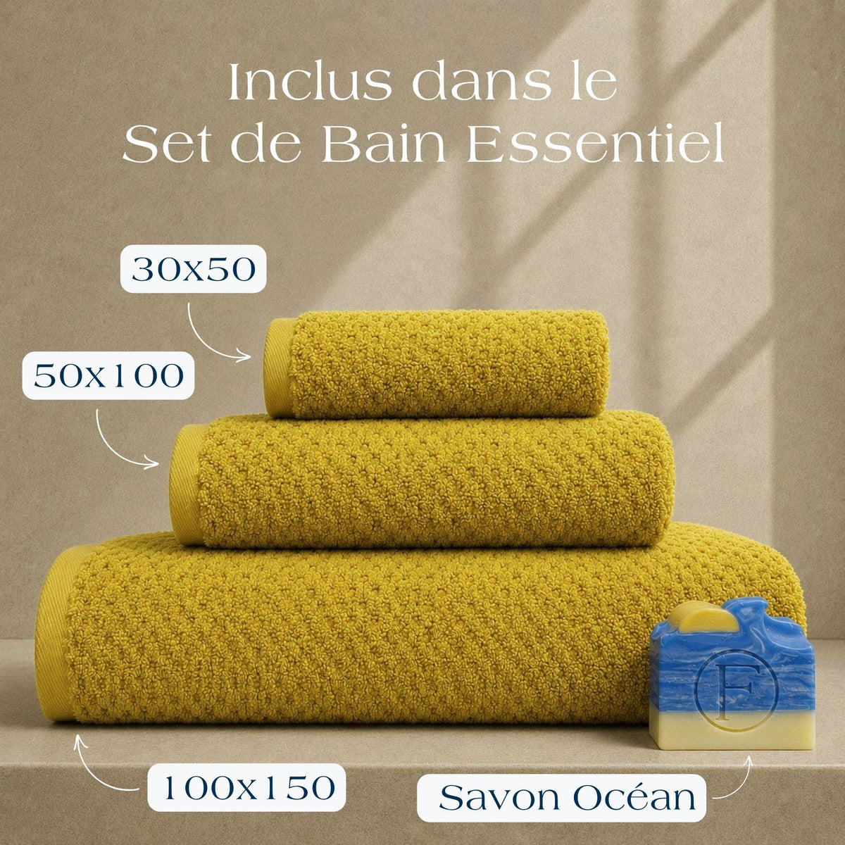 Set de Bain Essentiel Prestige Dune Ocre Doré avec drap de bain 100x150cm, serviette de toilette 50x100cm, serviette invité 30x50cm et Savon Artisanal Océan FLAMARDA