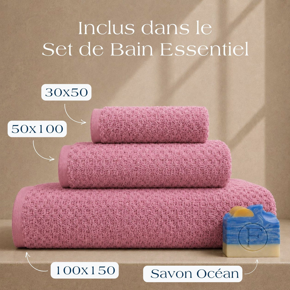 Set de Bain Essentiel Prestige Dune Rose Brume avec drap de bain 100x150cm, serviette de toilette 50x100cm, serviette invité 30x50cm et Savon Artisanal Océan FLAMARDA