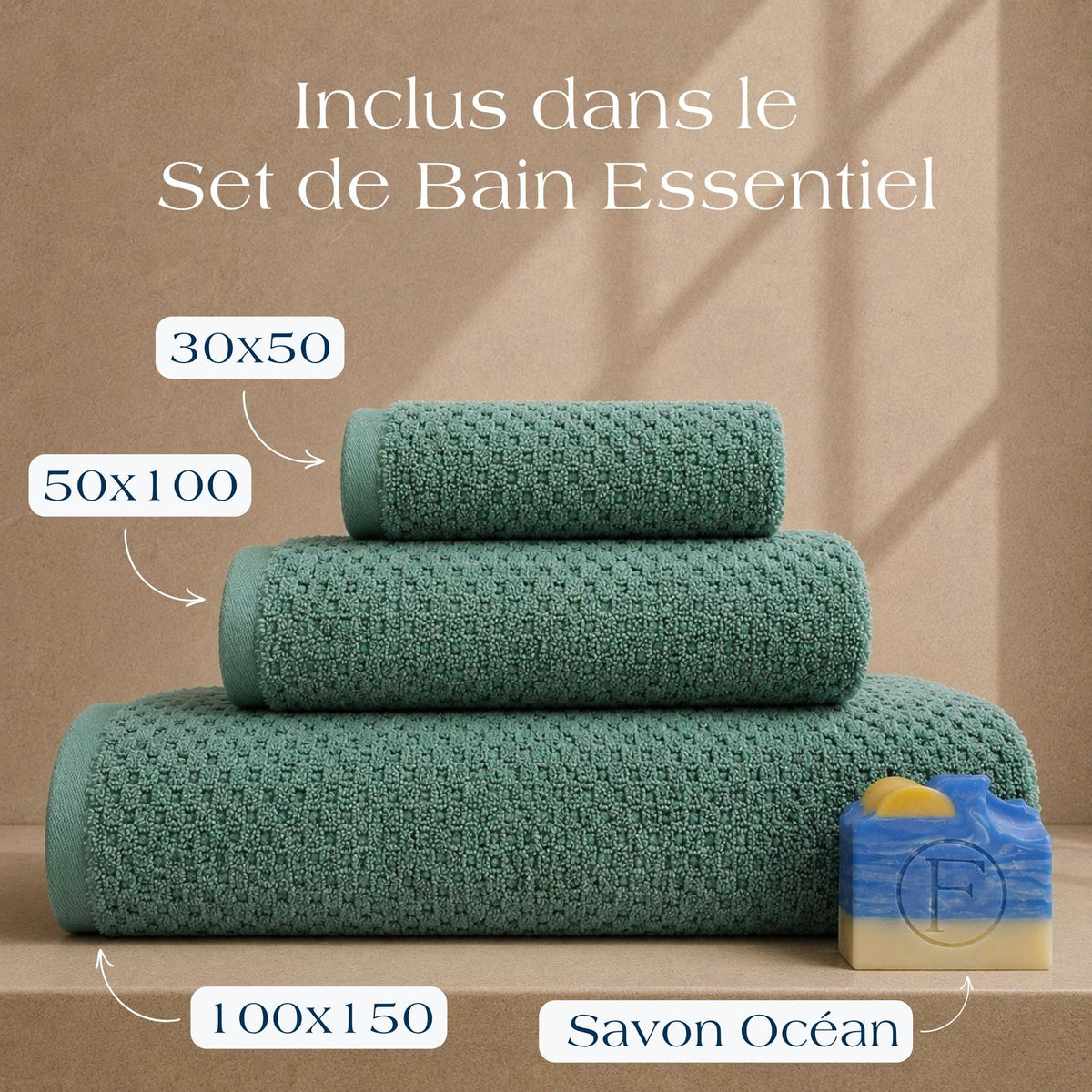 Set de Bain Essentiel Prestige Dune Vert Azur avec drap de bain 100x150cm, serviette de toilette 50x100cm, serviette invité 30x50cm et Savon Artisanal Océan FLAMARDA