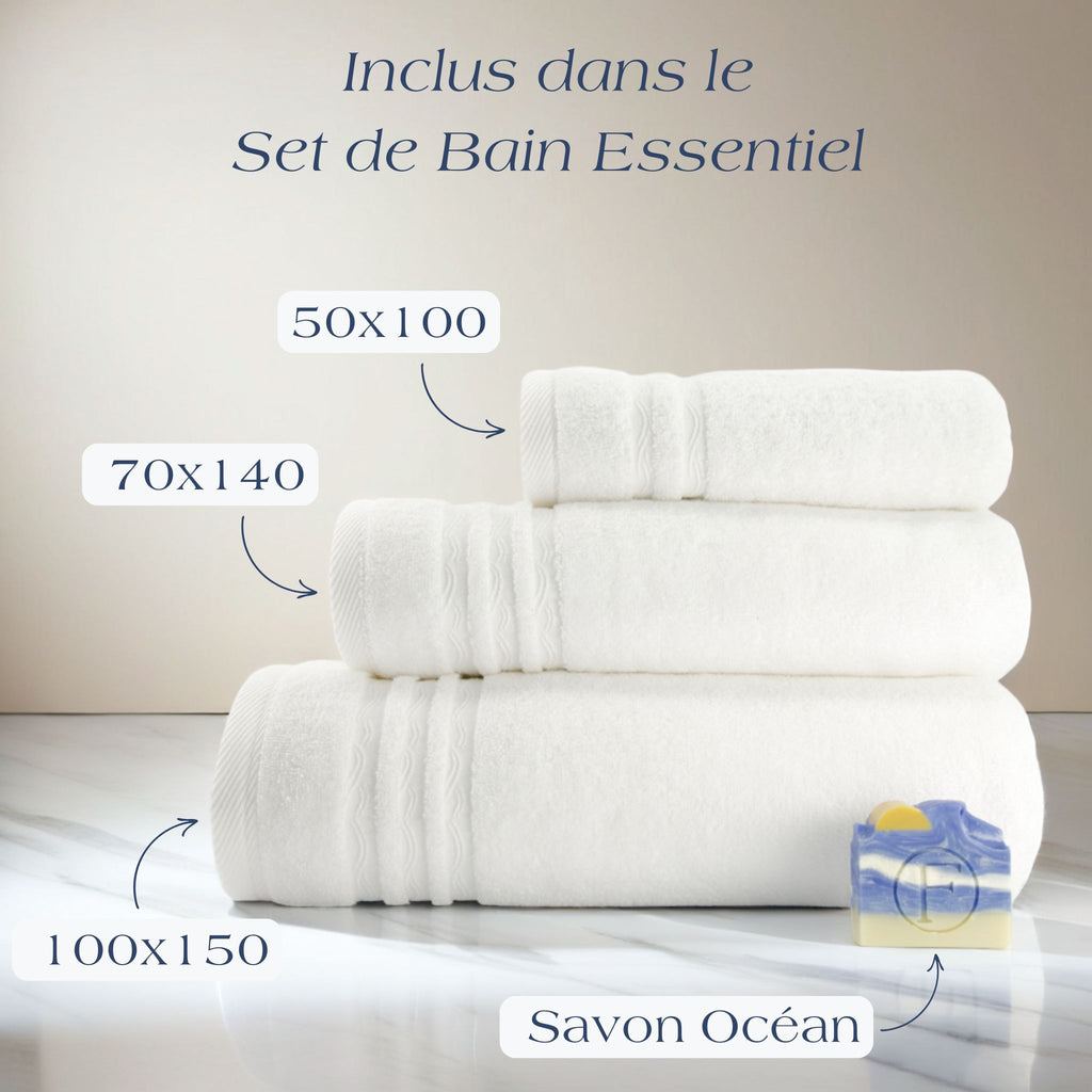 Set de Bain Essentiel Signature Océan Blanc Écume FLAMARDA en coton peigné