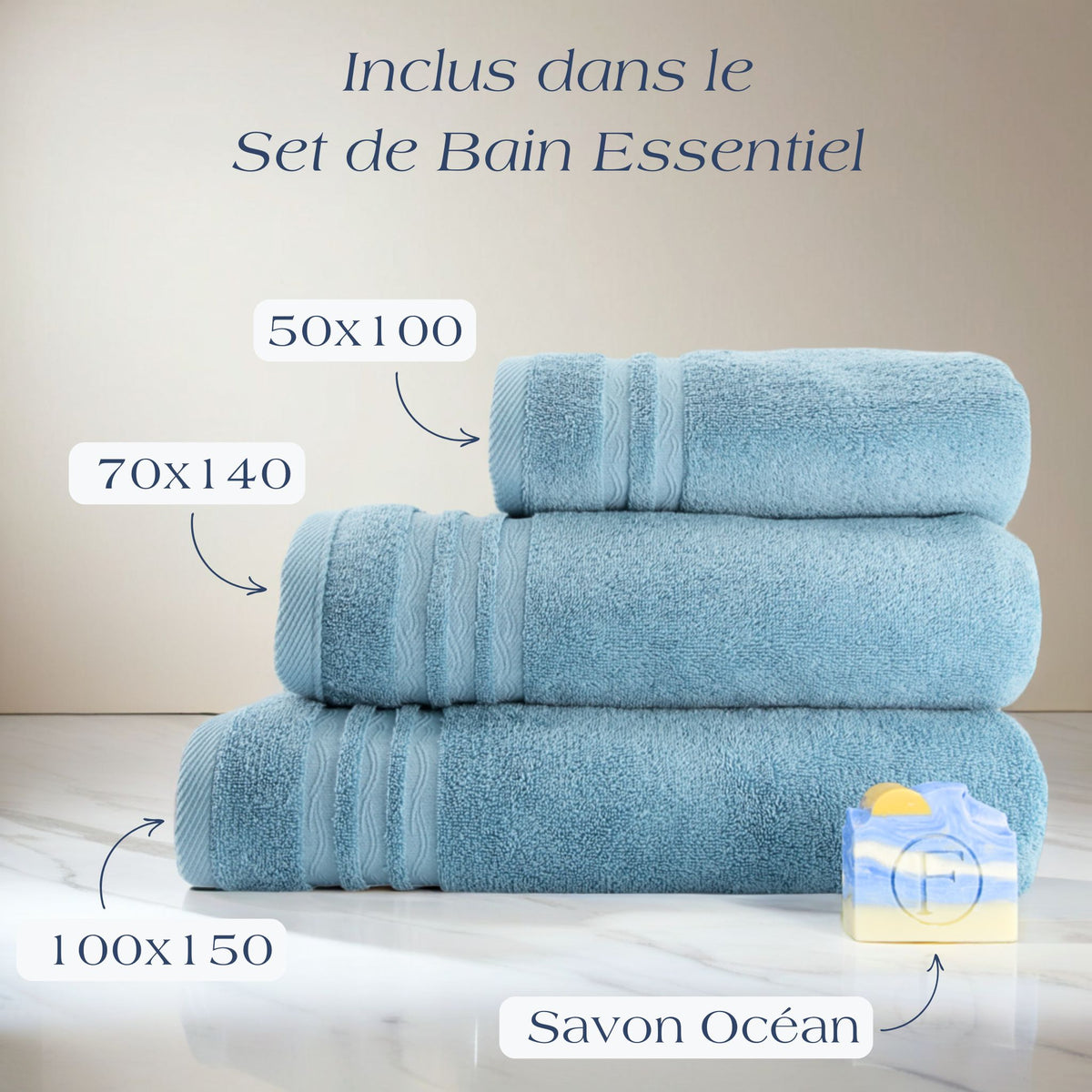 Set de Bain Essentiel Signature Océan Bleu Horizon FLAMARDA, linge de bain coordonné