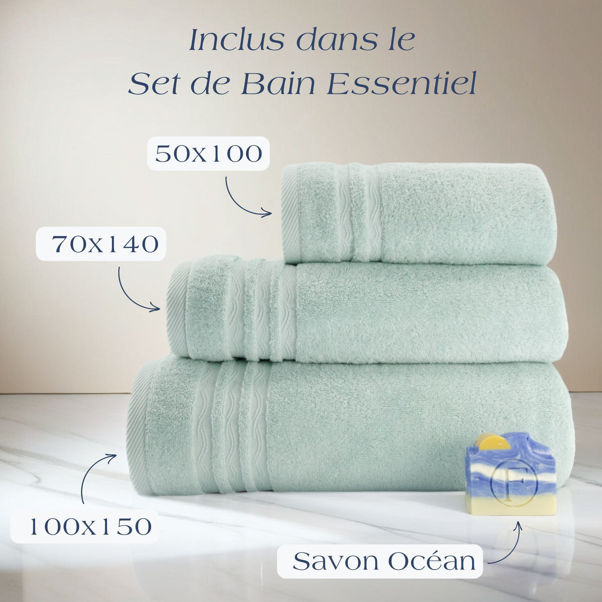 Set de Bain Essentiel Signature Océan Vert Céladon FLAMARDA en coton peigné