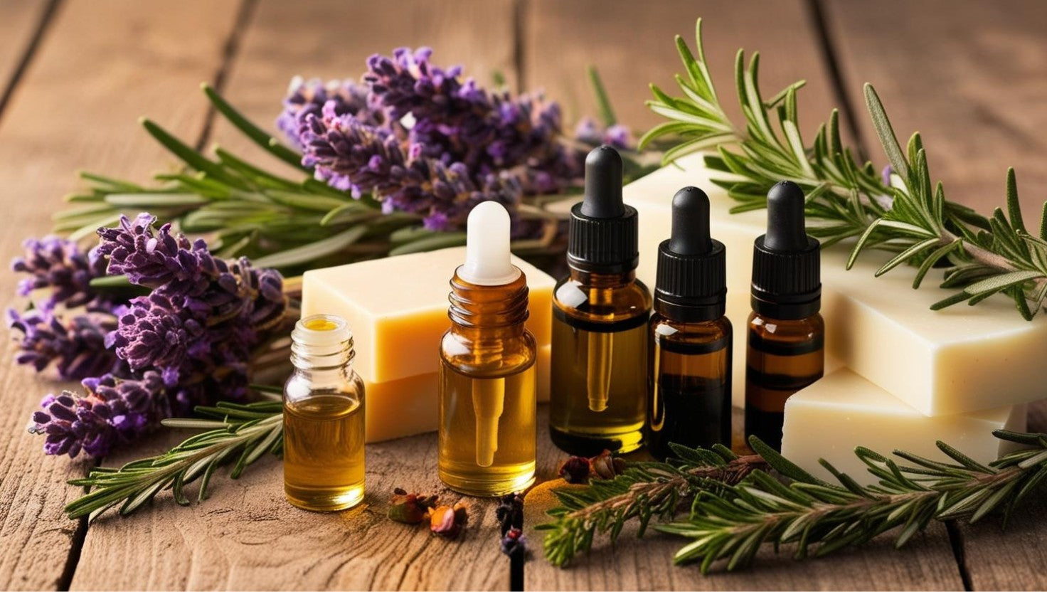 Huiles végétales et plantes naturelles autour de flacons et savons artisanaux FLAMARDA, illustrant un soin doux et respectueux de la peau