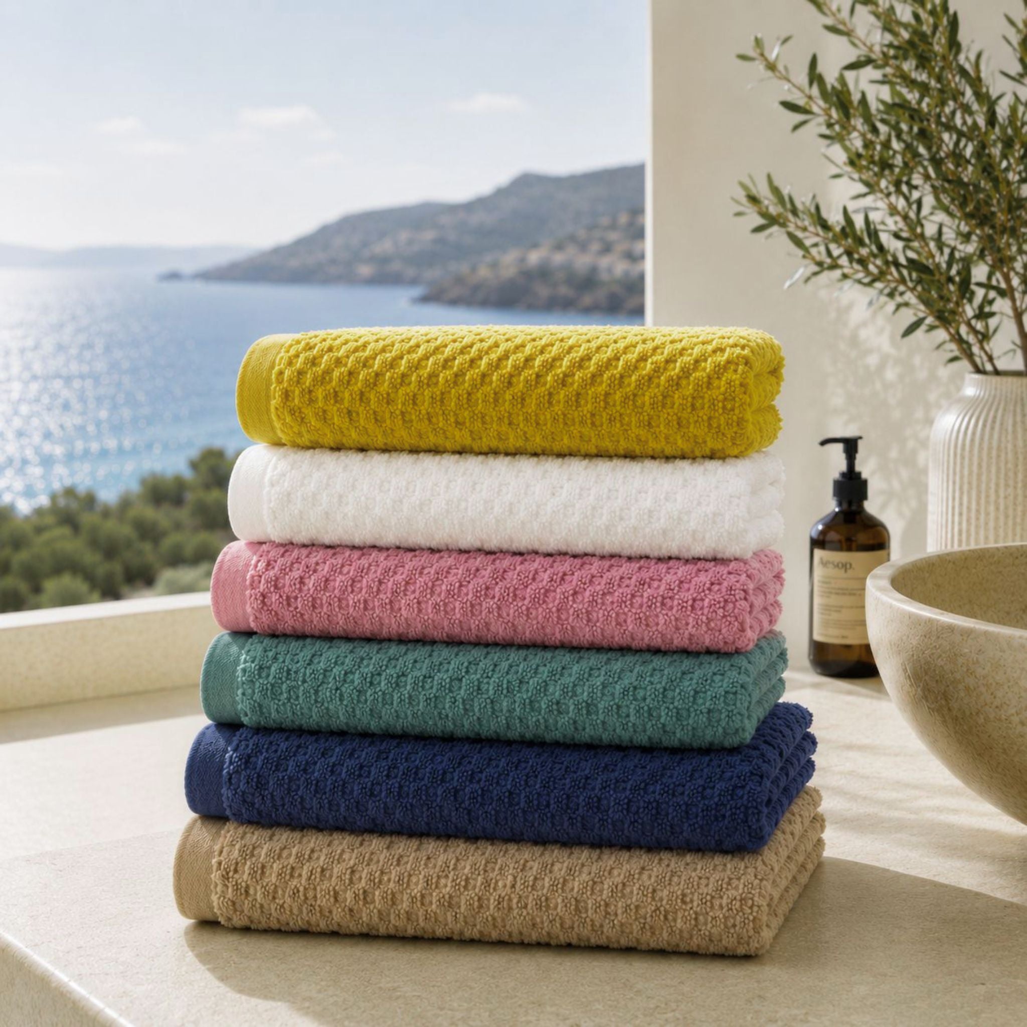 Collection Prestige Dune FLAMARDA avec serviettes de bain haut de gamme en 6 coloris : Ocre Doré, Blanc Nacre, Rose Brume, Vert Azur, Bleu Profond et Sable Brun