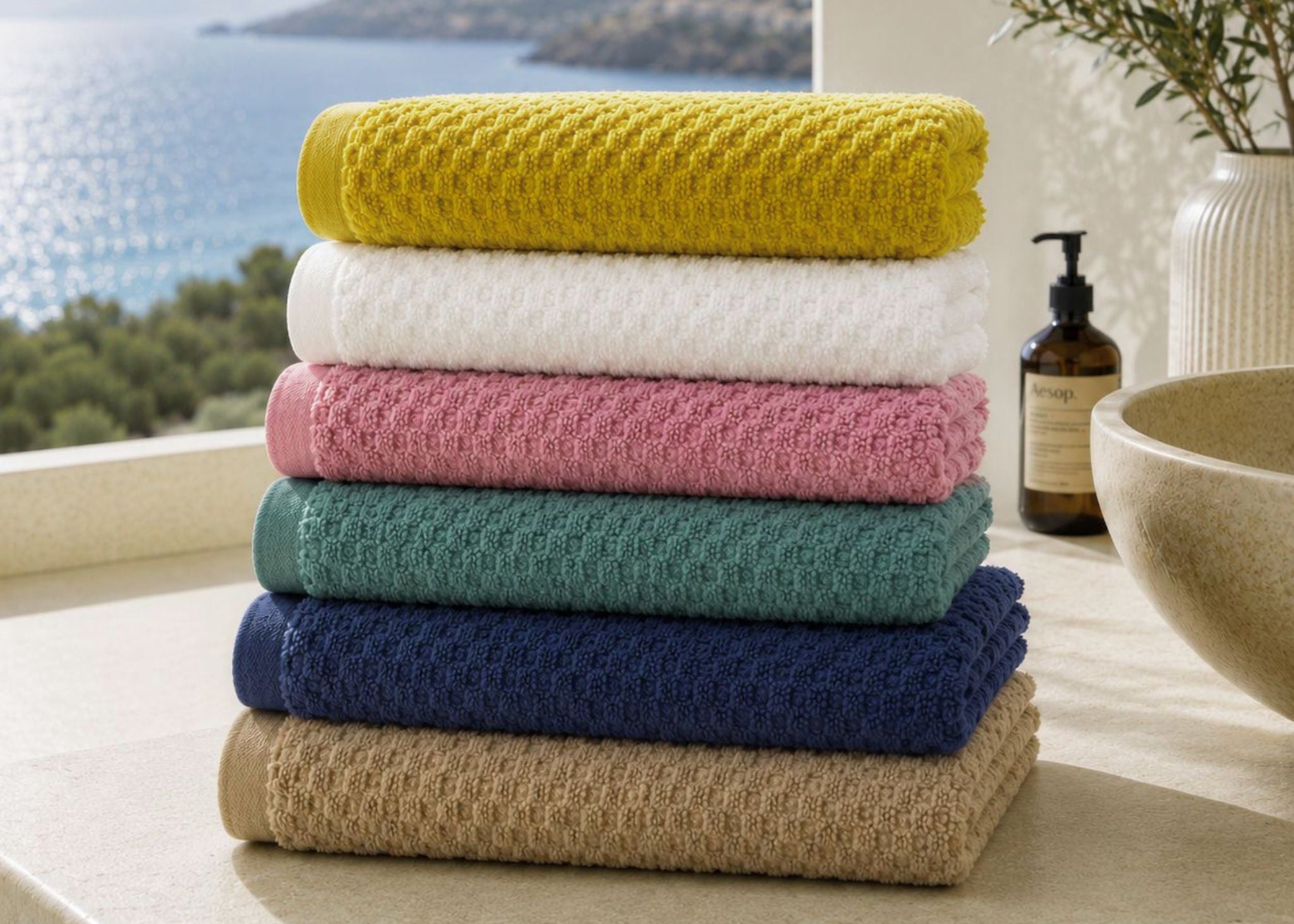 Collection Prestige Dune FLAMARDA avec serviettes de bain haut de gamme en 6 coloris : Ocre Doré, Blanc Nacre, Rose Brume, Vert Azur, Bleu Profond et Sable Brun Image