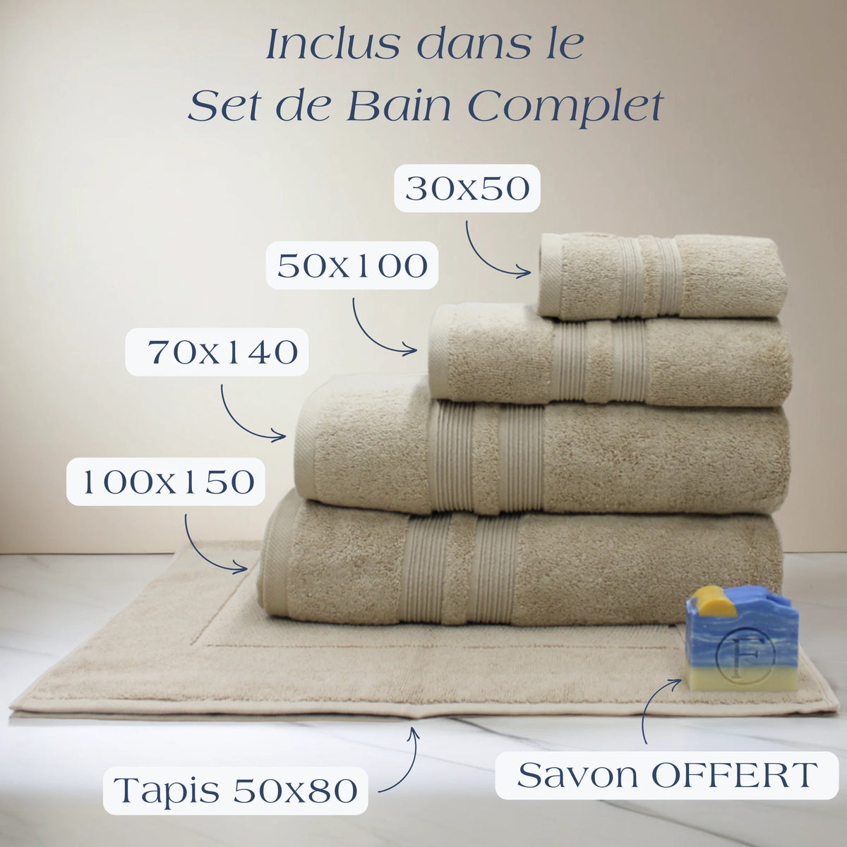 Détail du Set de Bain Sérénité Lagune Sable Doré en coton peigné longues fibres