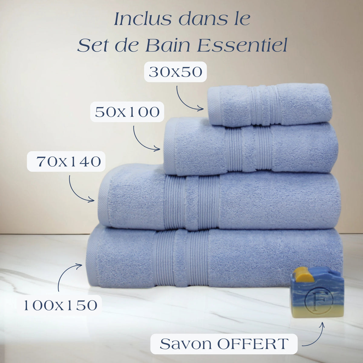Détail des serviettes Sérénité Lagune, grammage 650 g/m² et toucher moelleux