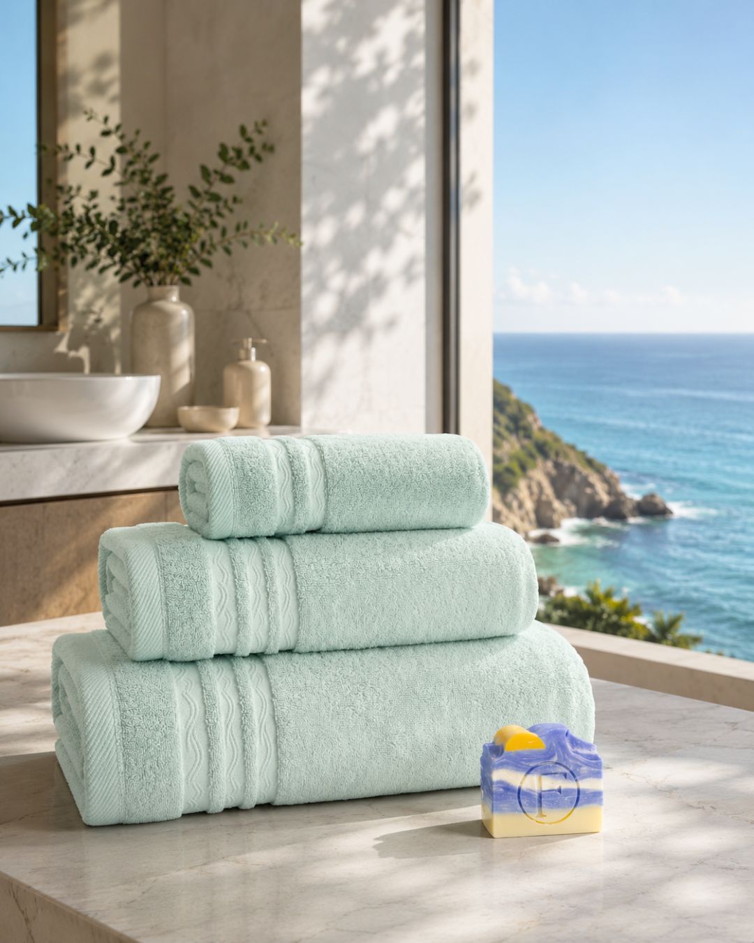 Set de Bain Signature Océan FLAMARDA avec savon artisanal, linge de bain haut de gamme en coton peigné confectionné au Portugal