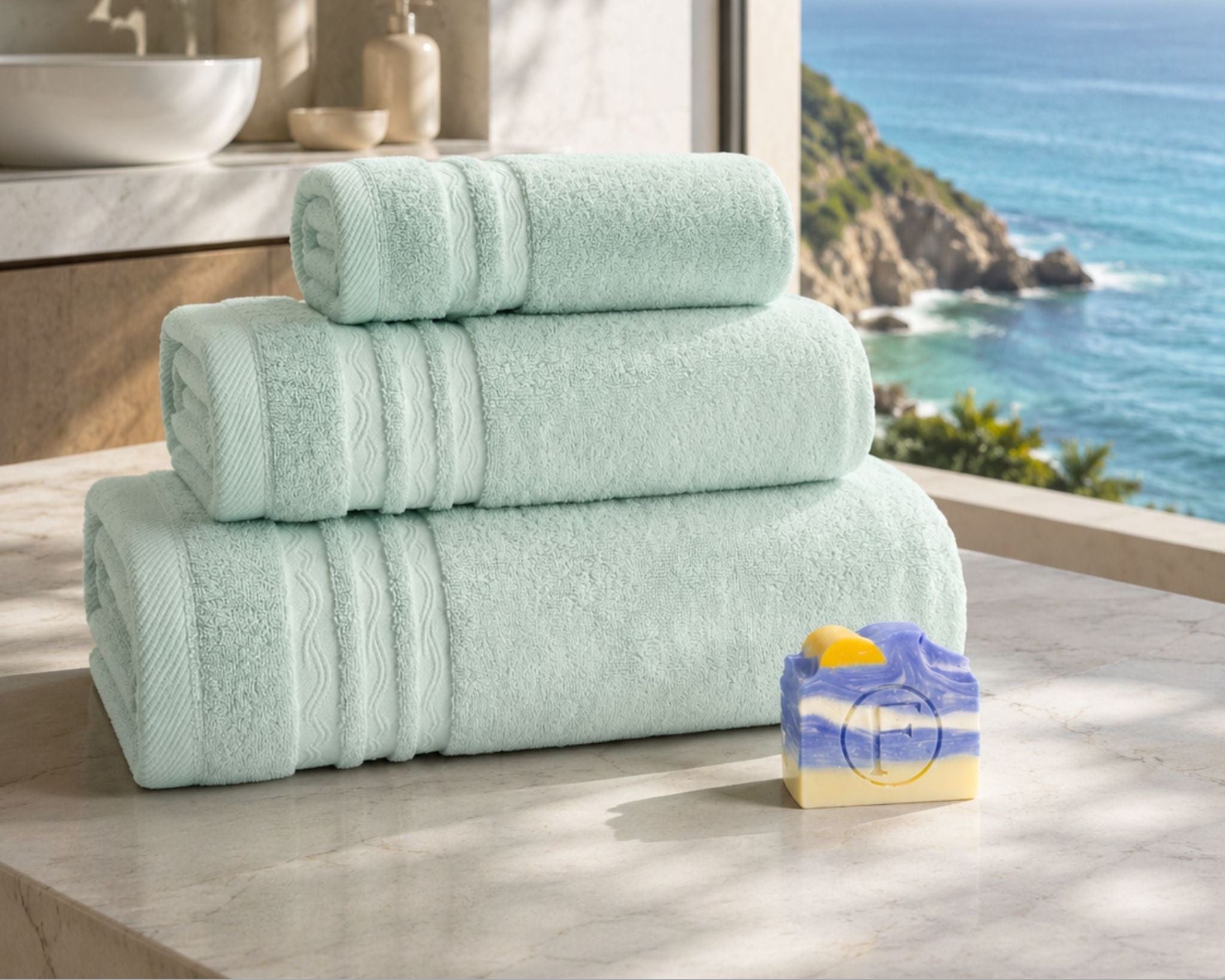 Set de Bain Signature Océan FLAMARDA avec savon artisanal, linge de bain haut de gamme en coton peigné confectionné au Portugal