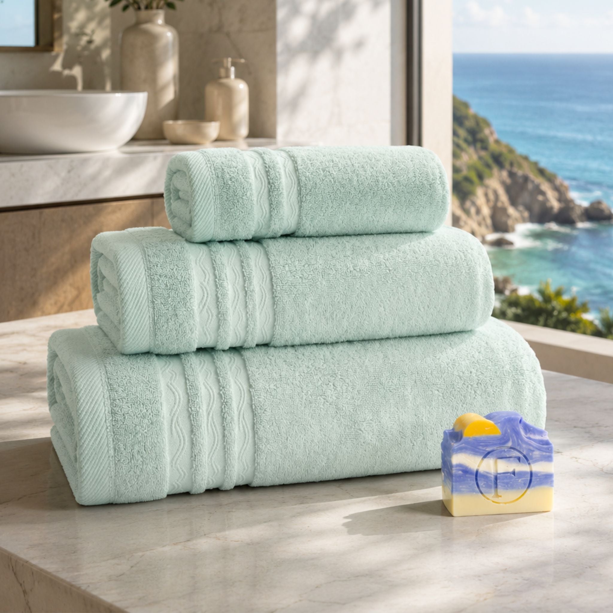 Set de bain signature océan vert horizon haut de gamme confectionné au Portugal Image