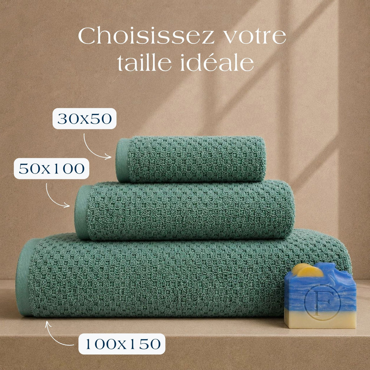 Serviettes de bain Prestige Dune Vert Azur FLAMARDA en 100x150cm, 50x100cm et 30x50cm confectionnées au Portugal en coton peigné