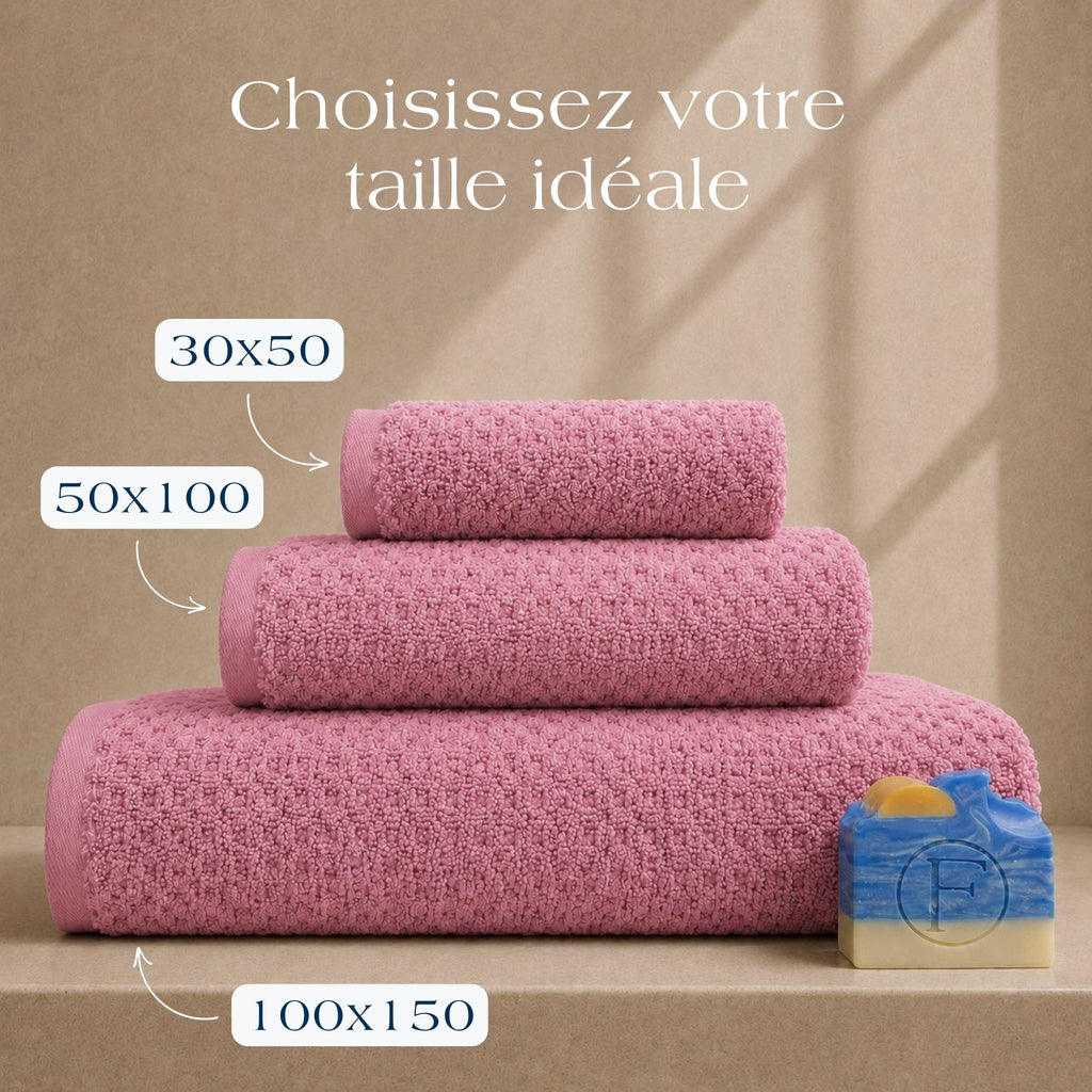Serviettes de bain Prestige Dune Rose Brume FLAMARDA en 100x150cm, 50x100cm et 30x50cm confectionnées au Portugal en coton peigné