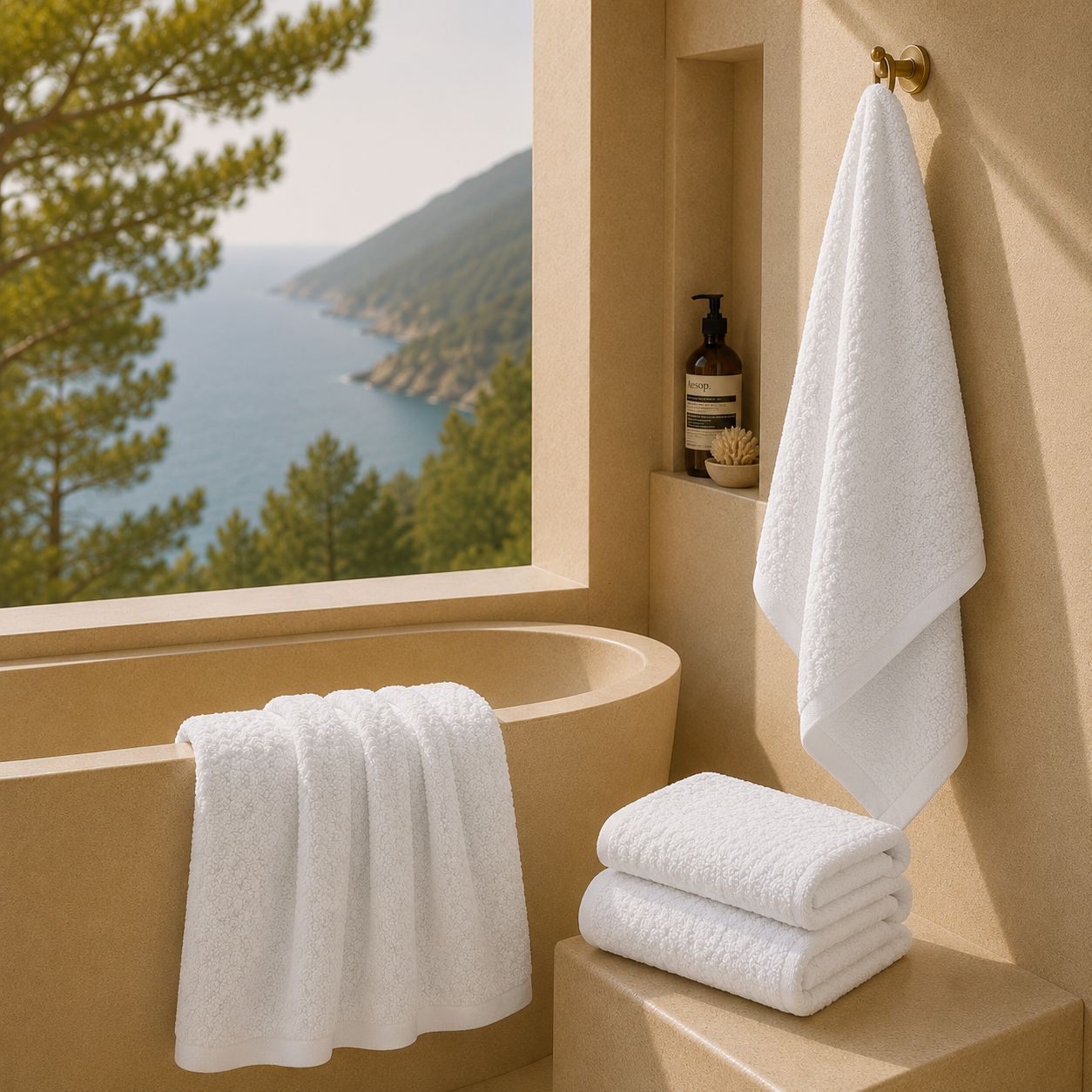 Serviettes de bain prestige dune posées dans une salle de bain luxueuse. FLAMARDA confectionné au Portugal Image