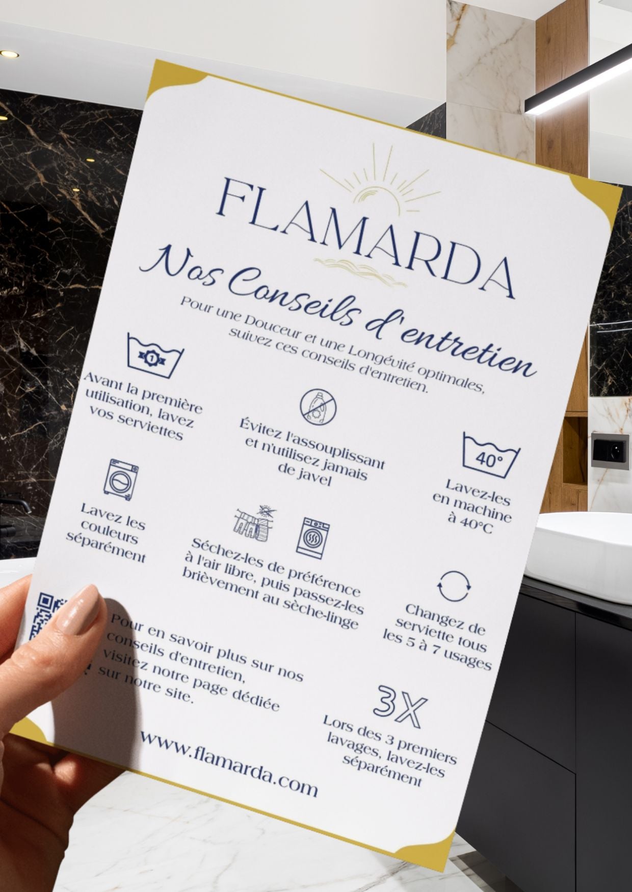 Fiche des conseils d'entretien du linge de bain haut de gamme FLAMARDA confectionné au Portugal Image